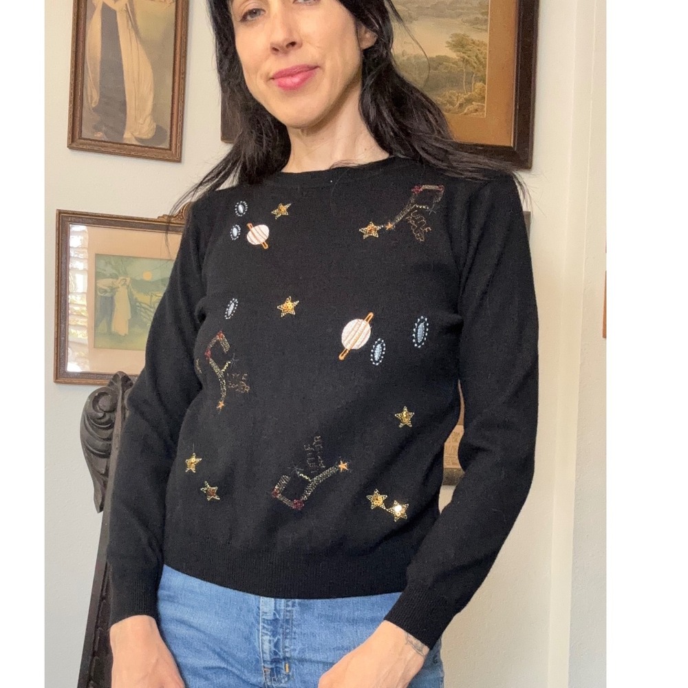 Black Celestial Embroidered Sweater Little Dipper Planets Stars Sequin Knit Top